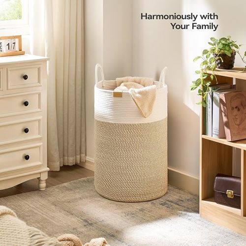 75L Laundry Hamper Basket,Baby Nursery Woven Storage Basket for Toys Bin,Pillows,Blankets,Clothes,Brown&White