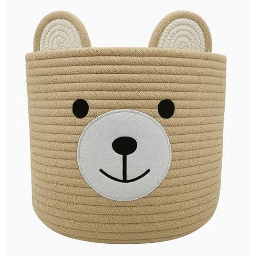 Bear Basket for Nursery, Baby Shower Basket, Baby Baskets for Storage, Laundry Hamper, Storage Baskets for Children Kids Toy Plant Gift Indoor Corner 10" D x 8" H (Light Khaki)