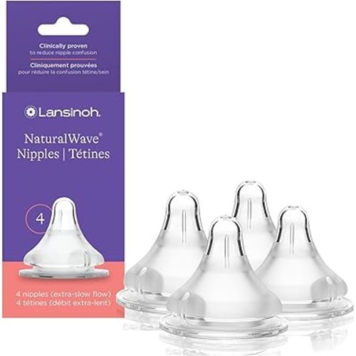 Lansinoh NaturalWave Baby Bottle Nipples – 100% Soft, Durable Silicone, Made Without BPA BPS, Anti-Colic, Supports Baby’s Developing Mouth and Teeth, Slow Flow, Size S, 4 Count, 1+ Month