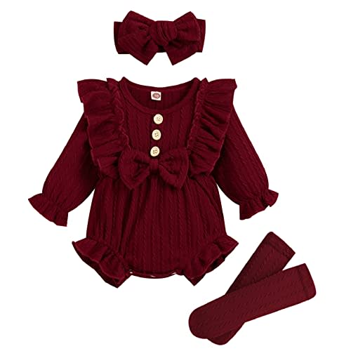 GRNSHTS Newborn Baby Girl Clothes Ruffle Solid Sweater Long Sleeve Romper+Hairband+Socks 3Pcs Fall Winter Outfits