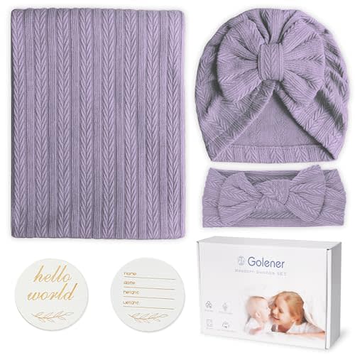 Golener Muslin Swaddle Blankets,Sleepea Swaddle with Bow Headbands, Hats Set and Newborn Name Announcement Card, Stretchy Baby Blankets for Girls and Boys Unisex, Perfect for Newborn Photos (Purple)