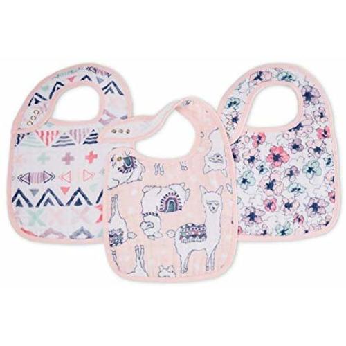 Aden + Anais Classic Snap Bib, 100% Cotton Muslin, Soft Absorbent 3 Layers, Adjustable, 9” X 12”, 3 Pack, Trail Blooms
