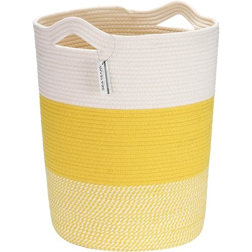 Sea Team Large Size Cotton Rope Woven Storage Basket with Handles, Laundry Hamper, Fabric Bucket, Drum, Clothes Toys Organizer for Kid's Room, 20 x 14 inches, Round Open Design, White & Mottled Yellow