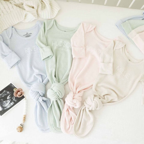 Personalized Waffle Bamboo Newborn Baby Knot Gown | Pastel Cutie