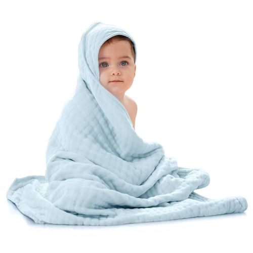 Comfy Cubs Hooded Baby Towel 1-Pack, Large 32 x 32 Inch - 6 Layer 100% Muslin Cotton for Babies, Toddlers and Kids - Soft & Absorbent Baby Bath Towels - Unisex Design for Bath Time - Sky Blue