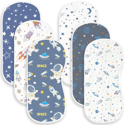 6 Pack Baby Burp Cloths for Boys Girls, Soft Cotton, Space Rocket Theme Design, Super Absorbent Baby Burping Cloths for Newborns, Machine Washable and Reusable Baby Spit-Up Cloths