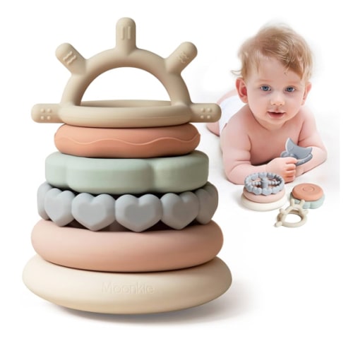 Moonkie Stacks of Circles Soft Teething Toy | Educational Learning Baby Toy | Stacking Ring Toys for Babies Boy and Girl | 7 Piece Teethers Set