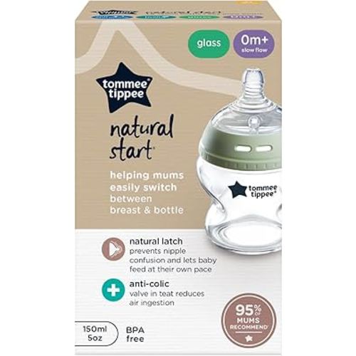 Tommee Tippee Baby Bottles, Natural Start Glass Anti-Colic Baby Bottle with Slow Flow Breast-Like Teat, 150ml, 0m+, Self-Sterilising, Baby Feeding Essentials, Pack of 1