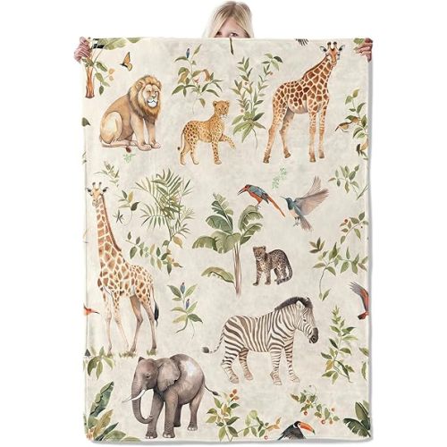 Safari Animal Flannel Blanket 50x60in,Lion,Giraffe,Elephant,Zebra and Jungle Birds on Cream Background,Soft Lightweight Throw for Kids,Boys,Nature Lovers,Wildlife Decor Gifts Blankets
