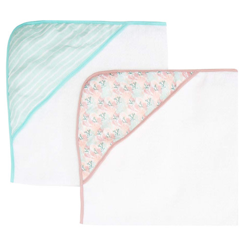 Spasilk Hooded Towel Set for Babies, Soft Terry Towel Set, Muslin Printed Hood, Pack of 2, Pink Corals