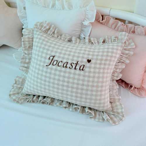 Personalized Linen Ruffle Baby Pillow with Name – Custom Embroidered Nursery Decor, Personalized birthday gift, Vintage Handmade Keepsake