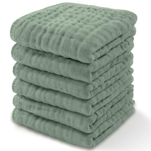 Baby Washcloths, Muslin Cotton Baby Towels, Large 10”x10” Wash Cloths Soft on Sensitive Skin, Absorbent for Boys & Girls, Newborn Baby & Toddlers Bibs & Burp Cloths Essentials Set (Fern, Pack of 6) - 6-Pack 10"X10"