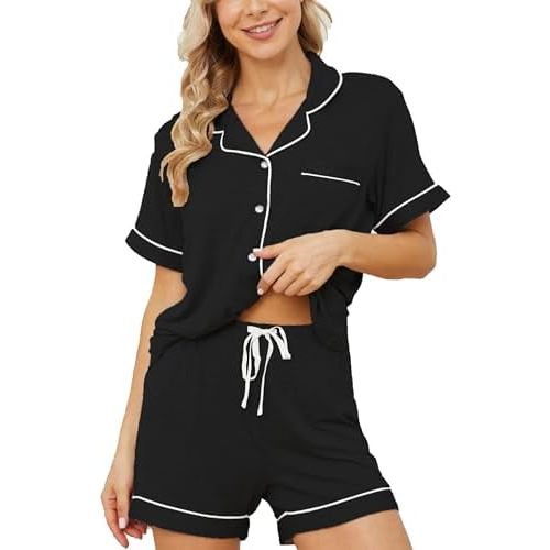 Womens Pajama Sets Short Sleeve Sleepwear Soft Button Down Nightwear Lounge Pj Set XS-XXL