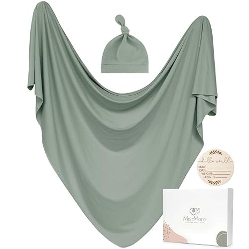 Baby Swaddle Receiving Blankets with Matching Beanie Set Newborn Nursery Swaddle Wrap for Baby Girls and Boys (Green)