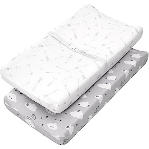 TILLYOU Changing Pad Cover Set in Soft Jersey Material - Fits 32"/34''x16" Contoured Pad for Babies, Clouds & Arrows