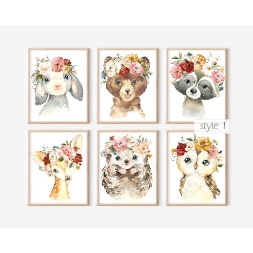 Set of 6 Boho Woodland Nursery Prints. Girl Nursery Decor. Girl Woodland Nursery Decor Girl. Girl Nursery Art. Floral Animal Nursery Prints