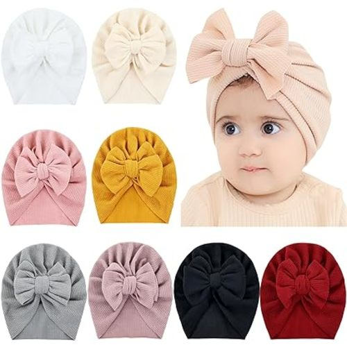 Cinaci 8 Pieces Super Soft Stretchy Baby Girl Turban Hats with Bow Knot Newborn Nursery Hospital Caps Bonnets Beanies Headwraps for Baby Girls Boys Infants Toddlers