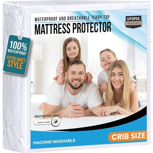 Crib Size Mattress Protector Waterproof, Premium 200 GSM Terry Mattress Cover, Soft & Breathable Bed Cover, Fitted Sheet Style Stretchable Deep Pockets 5" by Utopia Bedding (White)
