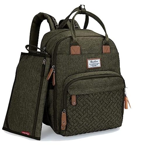RUVALINO Diaper Bag Backpack, Neutral All-in-One Baby Bags for Boy Girl, Multifunction Large Travel Backpack with Portable Changing Pad, Stroller Straps, Pacifier Case, Army Green - Olive Green