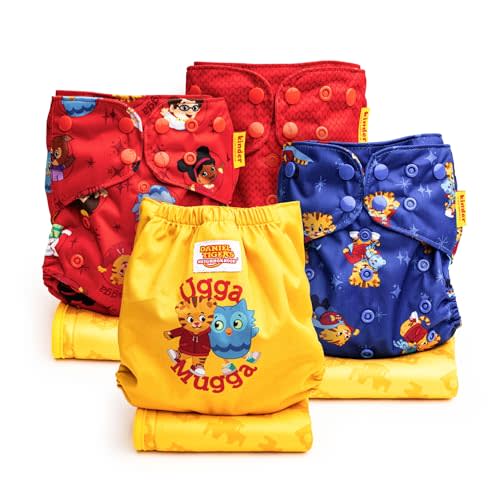 Daniel Tiger's Neighborhood Kinder Cloth Diapers Set of 4 Reusable Baby Diapers Pocket Style Athletic Wicking Jersey, Cotton Bamboo Viscose Blend Bookfold Inserts, Newborn to Potty Training 7-60lbs