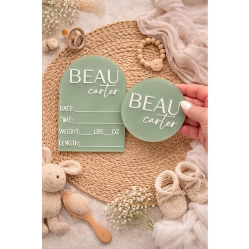 Personalized Baby Name Announcement Sign Set | Birth Stats Plaque, Photo Prop