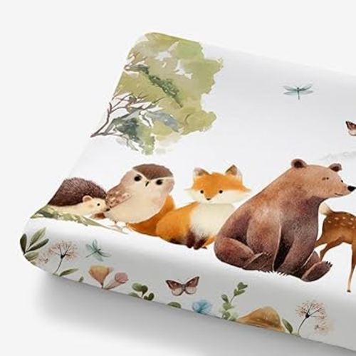 HawSkgFub Animal Friends Changing Pad Cover for Baby Girl Boy, Natural Forest Deer Bear Fox Owl Diaper Change Table Covers, Soft Stretchy Safe Snug Fitted Changing Mat Sheet Fit 32"/34" x 16"