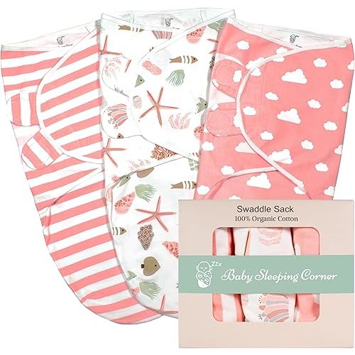Baby Swaddle Blanket Set for Newborns - 100% Organic Cotton Soft and Breathable Swaddle Sack with Easy-to-Use Adjustable Wrap Design, Suitable for Baby Boys and Girls, Size Small (0-3 Months) (Pink)