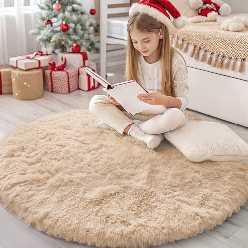 OLANLY Beige Round Rugs for Bedroom - Machine Washable, 4x4 Feet Circle Area Rugs for Living Room, Soft and Fluffy Shaggy Carpet for Teen Girls and Boys, Dorms, Nursery Rooms, Home Decor Aesthetic