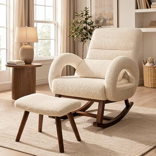 COMHOMA Rocking Chair Nursery with Ottoman,Boucle Teddy Fabric Glider Rocker with High Backrest&Lumber Pillow,Modern Upholstered Accent Armchair with Solid Wood Legs (Beige, Boucle)