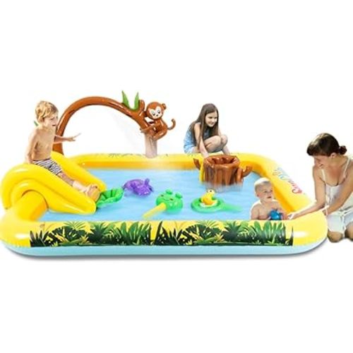 Inflatable Play Center, Inflatable Swimming Kiddie Pool with Slide, Cartoon Animals Sprinker Toy with Base Pool, Monkey, Tree Stump for Kids Toddler Children Garden Backyard