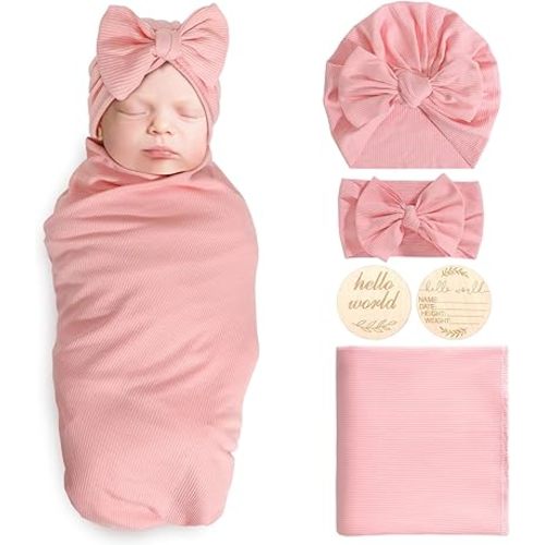 Newborn Receiving Blanket with Bow Hat Headband Wooden Card Set Newborns Toddler Baby Boy Girl Nursery Swaddle Wrap