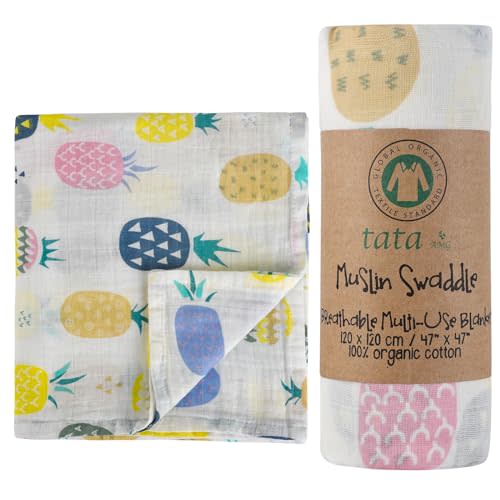 TATA AMG ® Muslin Baby Blankets | Swaddle for Newborns | 100% Organic Cotton Gauze Receiving Blanket Soft, Silky & Breathable for Girls & Neutral Gender | Baby Essentials | 47 x 47 inches