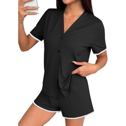 Hilinker Womens Button Up Pajamas V Neck Short Sleeve Tops and Shorts Sleepwear 2 Piece Lounge Set