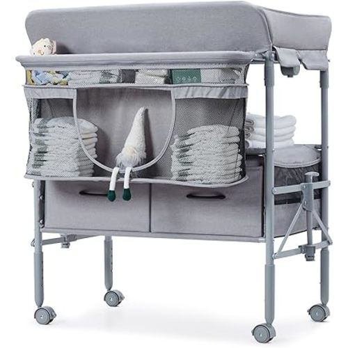 Portable Baby Changing Table, Foldable Diaper Change Table with Drawers, Wheels, Adjustable Height, Changing Station for Infant Mobile Nursery Organizer for Newborn, Grey