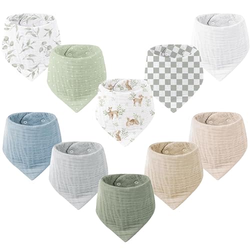 Konssy Muslin Baby Bibs 10 Pack Baby Bandana Drool Bibs 100% Cotton for Unisex Boys and Girls, Soft Absorbent Set for Teething and Drooling