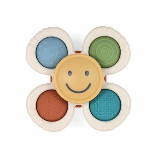 Itzy Ritzy Pop & Whirl – Fidget Spinner Travel & Bath Toy for Babies & Toddlers – Fidget w/Textured Silicone Poppers to Develop Fine Motor Skills – Sticks to Highchairs, Tables, Tubs More (Smile)