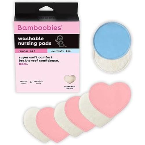 Bamboobies Nursing Pads, Ultra-Soft Velour, Reusable, Washable & Leak-Proof, 6 Ultra-Thin and 2 Overnight Pads for Breastfeeding