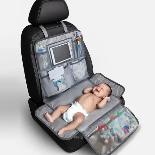 Baby Portable Large Diaper Changing Station for Car | Lightweight Baby Changing Pad for Travel with 4 Pockets, Clear Tablet & Wipes Holder, Foldable Waterproof Mat | Travel Baby Essentials Road Trips