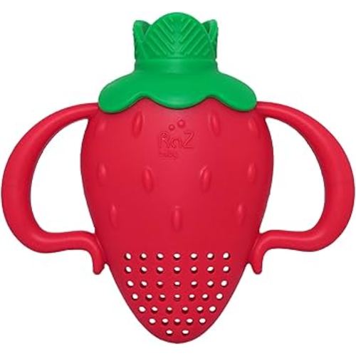 RaZbaby Fruitique Fruit Feeder One-Piece Baby – Larger Opening for Refilling & Fits More Fresh/Frozen Fruit for Teething Relief, Easy to Hold, Safer Design, BPA-Free, Dishwasher Safe - Strawberry