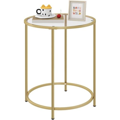 19.7’’ Round Glass End Table, Round Bedside Table with Tempered Glass Top, Gold Glass Side Table with Metal Frame, Modern Round End Table for Living Room Balcony Bedroom Porch Patio