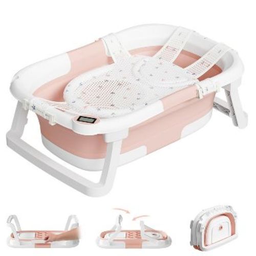 TUMAJUP Collapsible Baby Bathtub for Infants and Toddlers with Bath Net and Thermometer-Pink