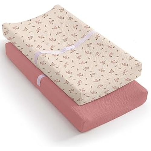 Mi Flor 2 Pack Muslin Changing Pad Cover – Ultra Soft CPC Certified Baby Changing Table Cover with Elastic Corners, 360° Fit, Lightweight, Breathable, Fits Most Changing Pads