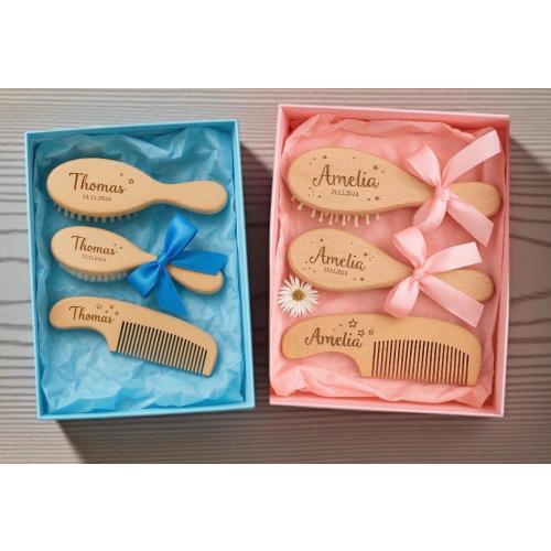 Personalised Baby Brush and Comb Set of 3 Handmade | Soft Gentle Bristles | Handmade in the UK | Pink or Blue Gift Box | Baby Gift Set |