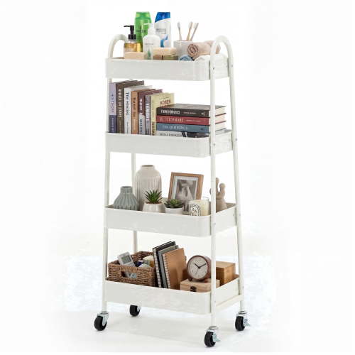 EDX 4-Tier Rolling Cart, 132 lbs Metal Utility Cart Storage Organizer with Lockable Casters, Multi-Functional Mesh Rolling Storage Cart for Kitchen Office, White