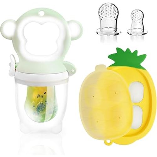 Baby Fruit Food Feeder - Silicone Nibble Tray Combo - Breastmilk Popsicle Mold for Baby Cooling Relief, BPA Free Baby Mesh Feeder for Infant Self Feeding (Monkey Mint + Pineapple)