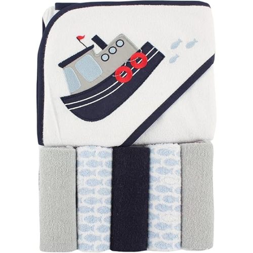 Luvable Friends Unisex Baby Hooded Towel with Five Washcloths, Tugboat, One Size