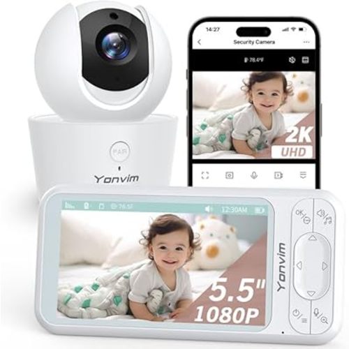 Video Baby Monitor with Camera and Audio, 5.5" Big Screen, 2K Camera and 1080P Monitor, Smart 2.4G WiFi Baby Camera, APP & Monitor & Alexa Control, Cycle Recording and Storage(Card Not Included)