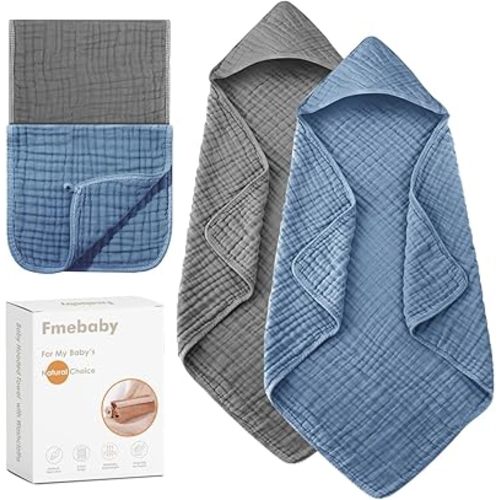 Hooded Baby Towels for Newborn 2 Pack 36x36 Inch Muslin Cotton Baby Bath Towel and 2 Pack Washcloths for Babies, Infant, Toddler and Kids, Soft and Absorbent Newborn Essential(Grey and Blue)