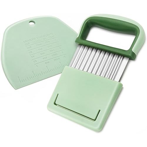 Vegetable Chopper - Stainless Steel Blade Crinkle Cutter/Wavy Knife Veggies French Fry Slicer and Plastic Dough/Cake Scraper,2 piece (Green)