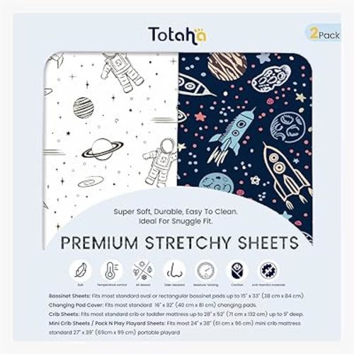 TotAha Premium Soft Space Bassinet Sheet for Boy Girl, Super Stretchy Jersey Knit Bassinet Fitted Sheet, Compatible with Halo, Maxi COSI, Mika Micky, SNOO, Baby Delight Mattress, 2 Pack